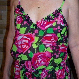 NO TAGS   SEXY ROMPER  GREEN PINK & BLACK VIBRANT FLORAL DESIGN